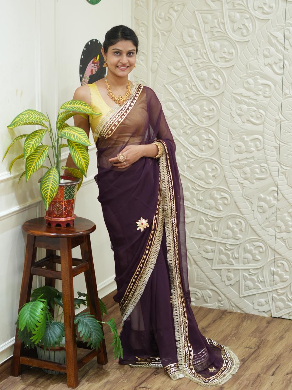 Traditional saree with Gotapati Work in wine colour