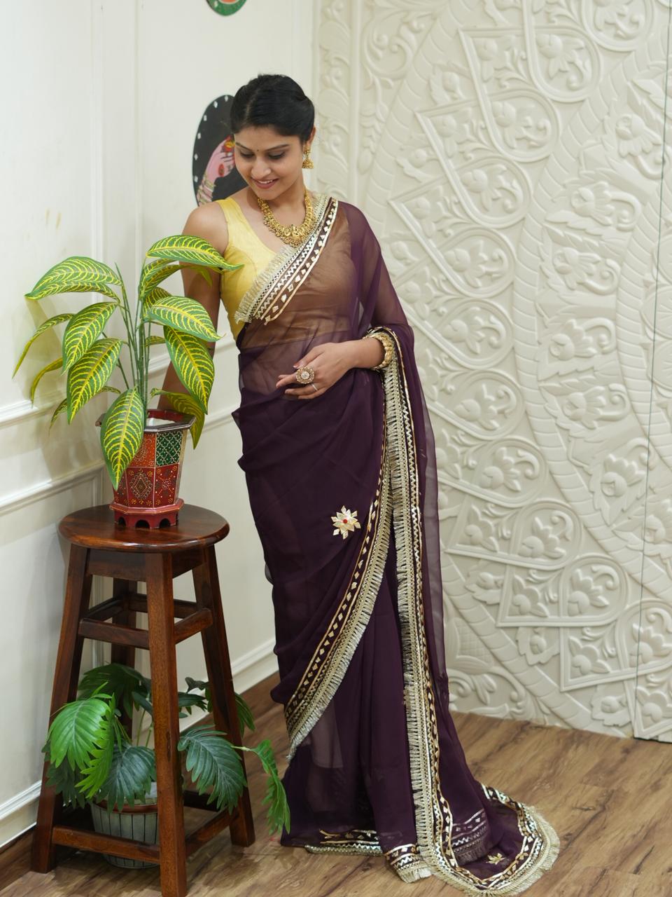 Traditional saree with Gotapati Work in wine colour