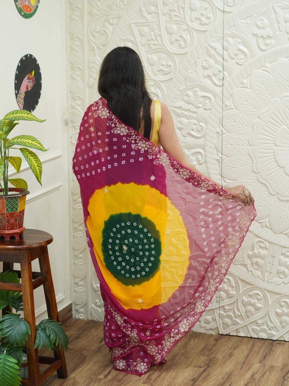 By Traditional Bandhani Style Georgette Saree Perfect Festive Collection