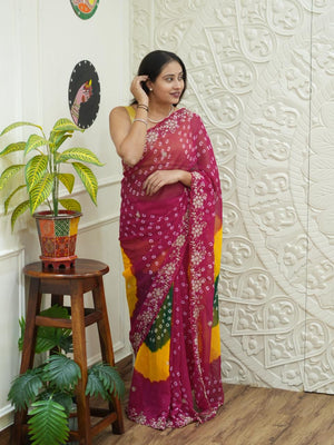 By Traditional Bandhani Style Georgette Saree Perfect Festive Collection