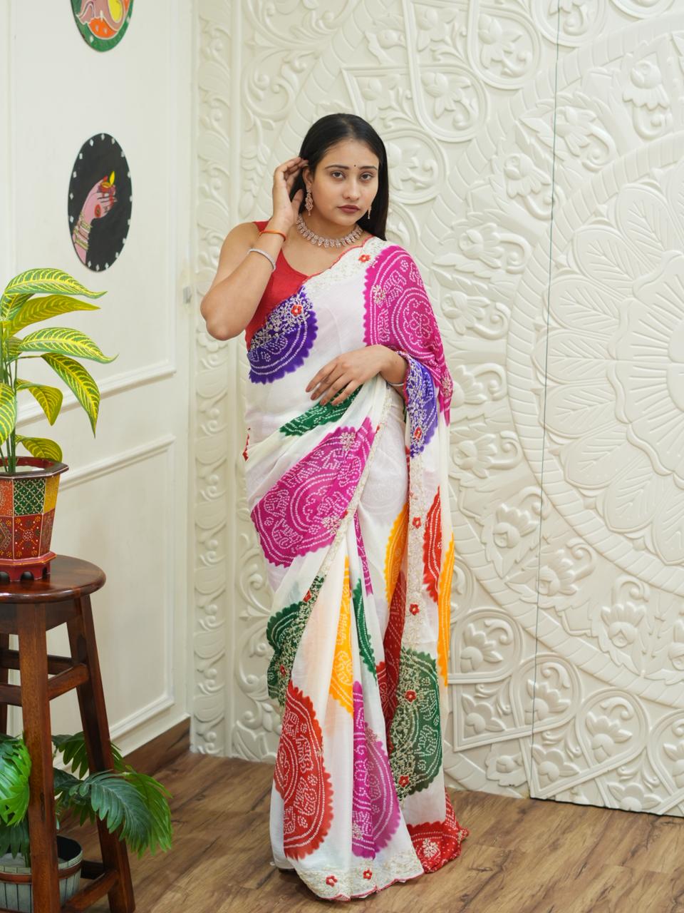 By Bandhani Saree With Traditional Wear 