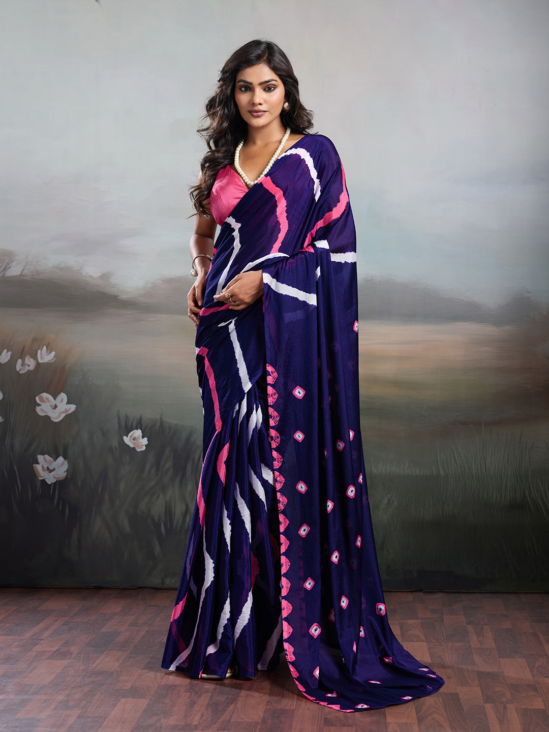 Tanmira Latest Jaipuri Traditional Chinon  Bandhani Saree  Navy Blue