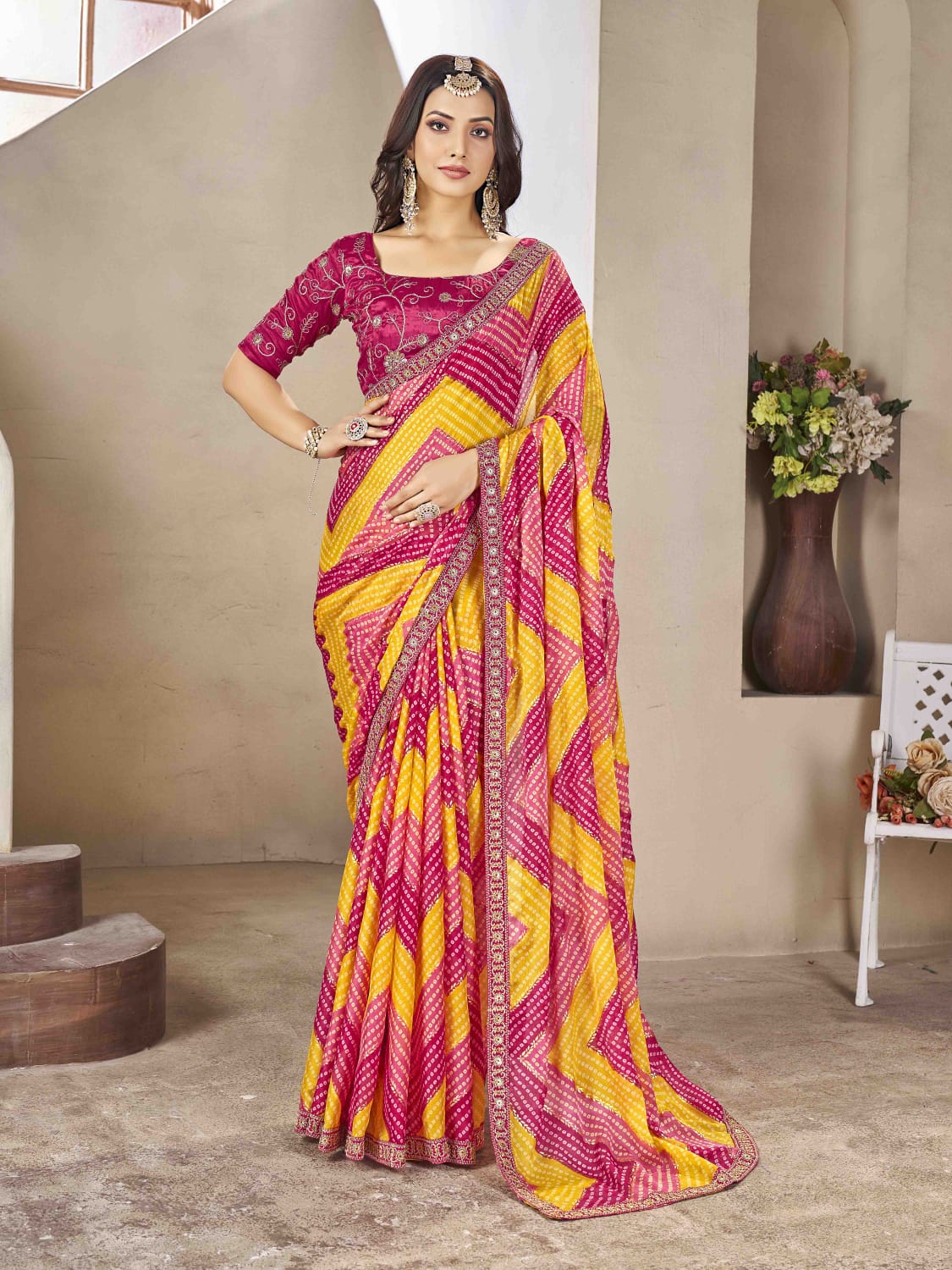 Tanmira New Chiffon Zig Zag Foil Print Bandhani saree  STR