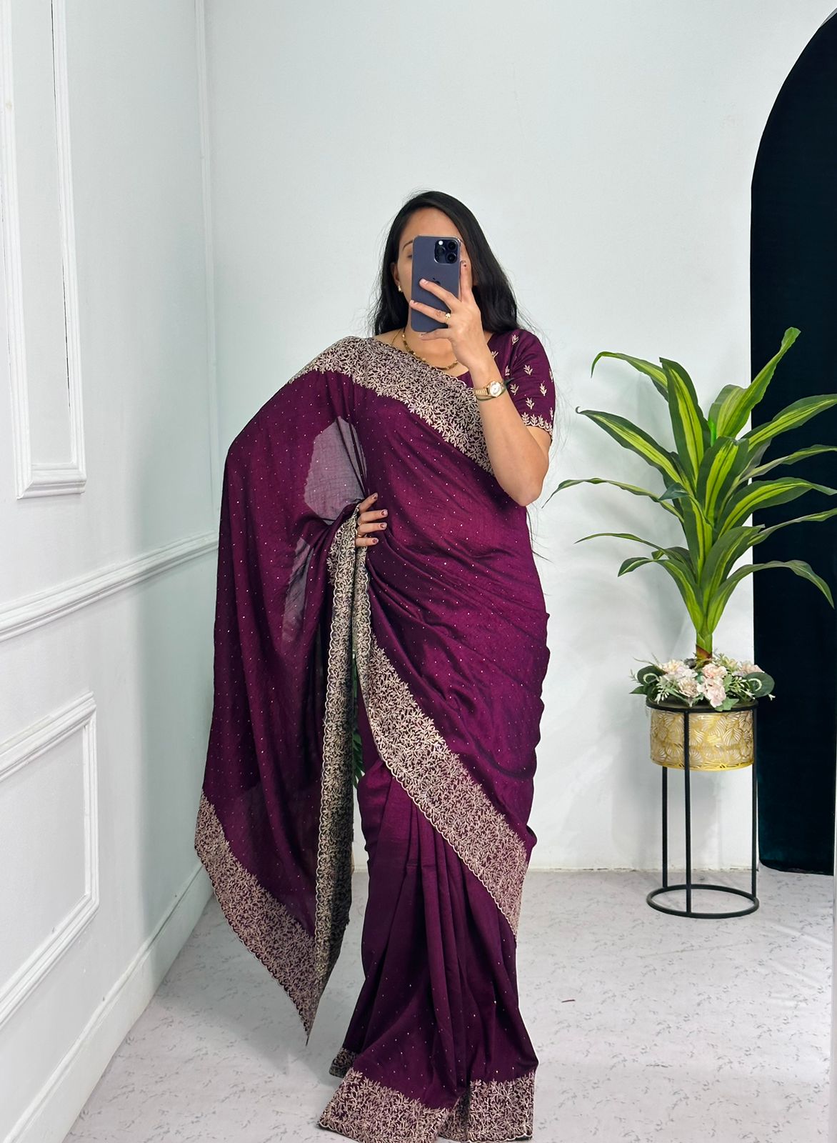 Tanmira Latest Heavy Blooming Vichitra Silk Embroidery Saree HM Purple