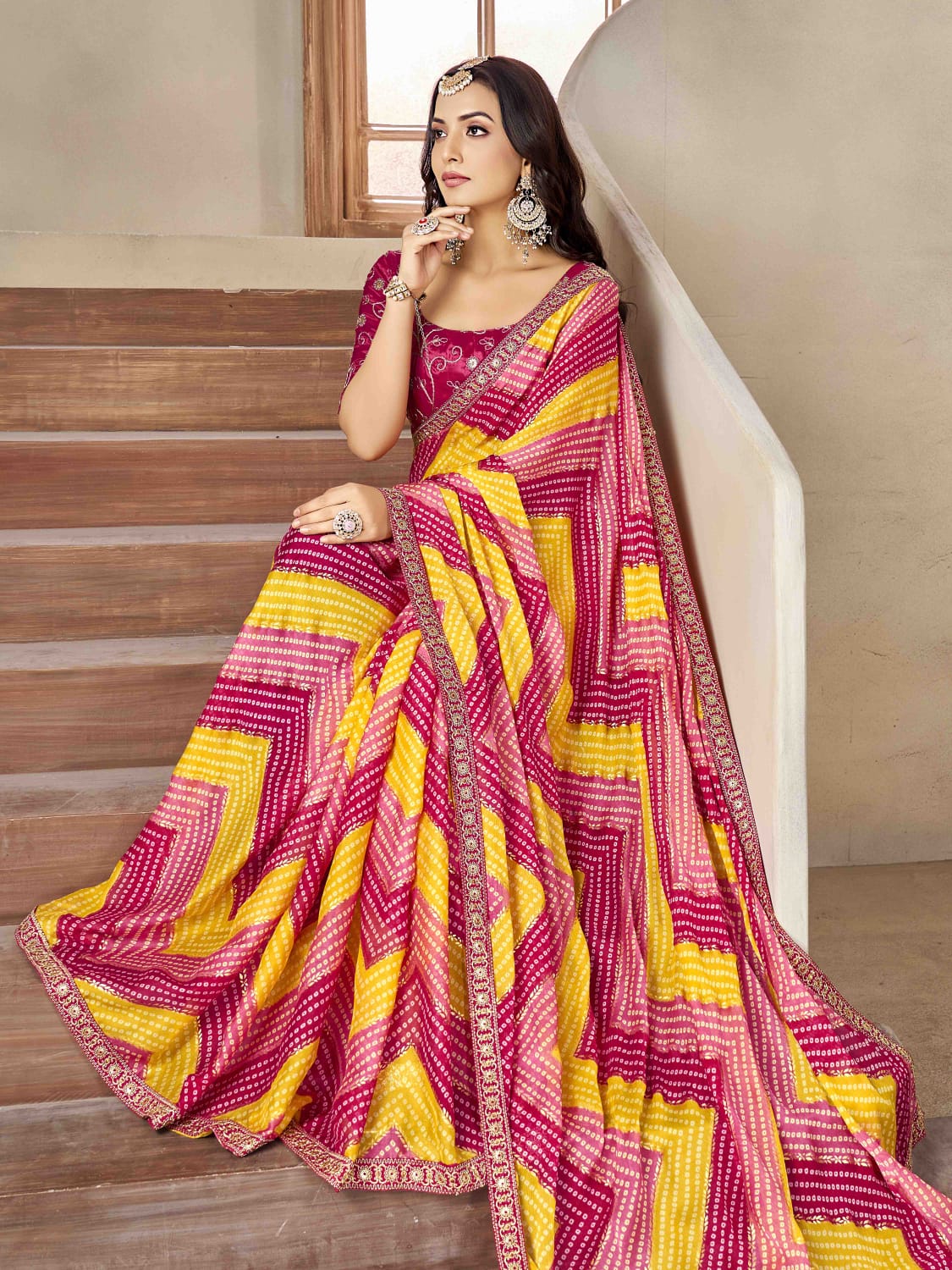 Tanmira New Chiffon Zig Zag Foil Print Bandhani saree  STR