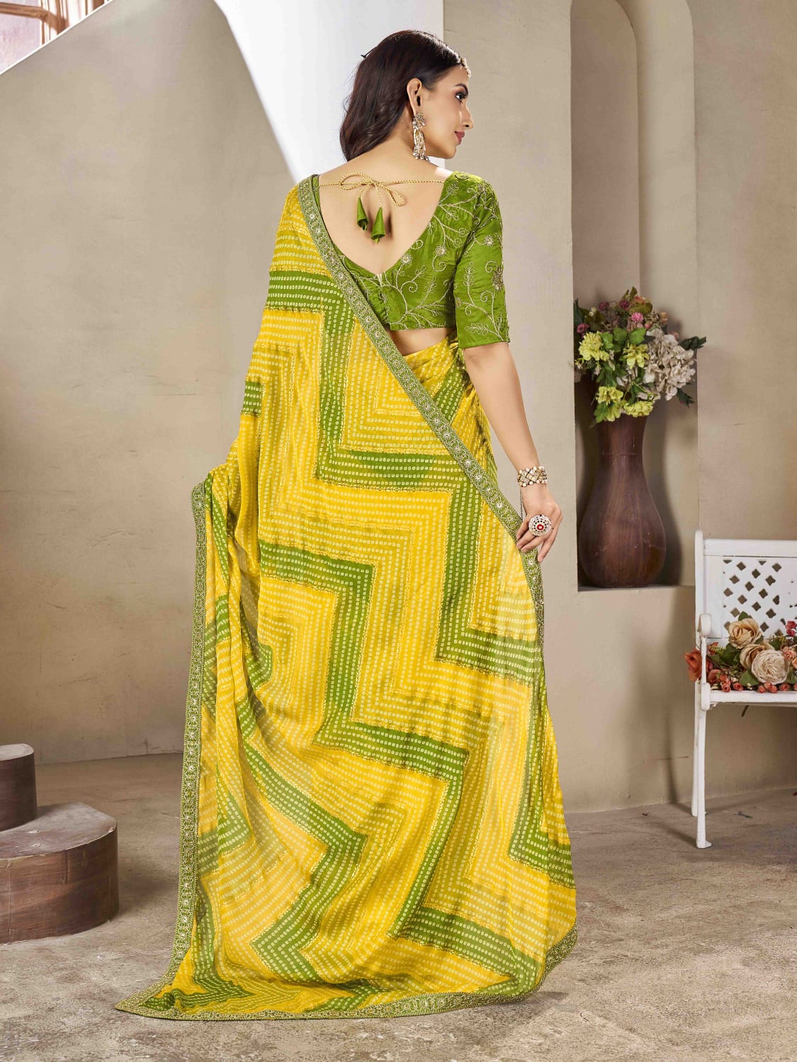 Tanmira New chiffon Zig Zag Foil Print Bandhani Saree  STR