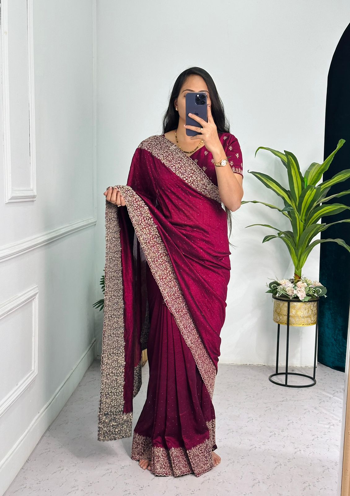 Tanmira Latest Heavy Blooming Vichitra Silk Embroidery Saree HM Wine