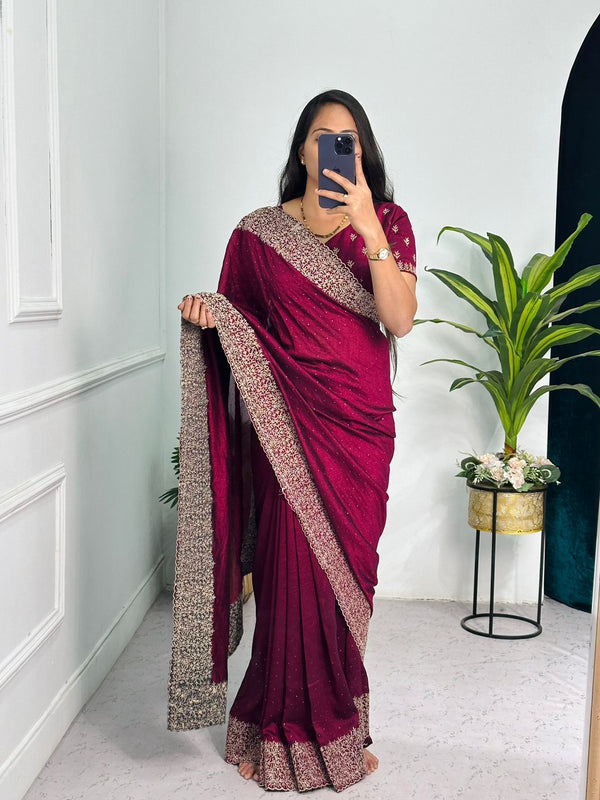 Tanmira Latest Heavy Blooming Vichitra Silk Embroidery Saree HM Wine