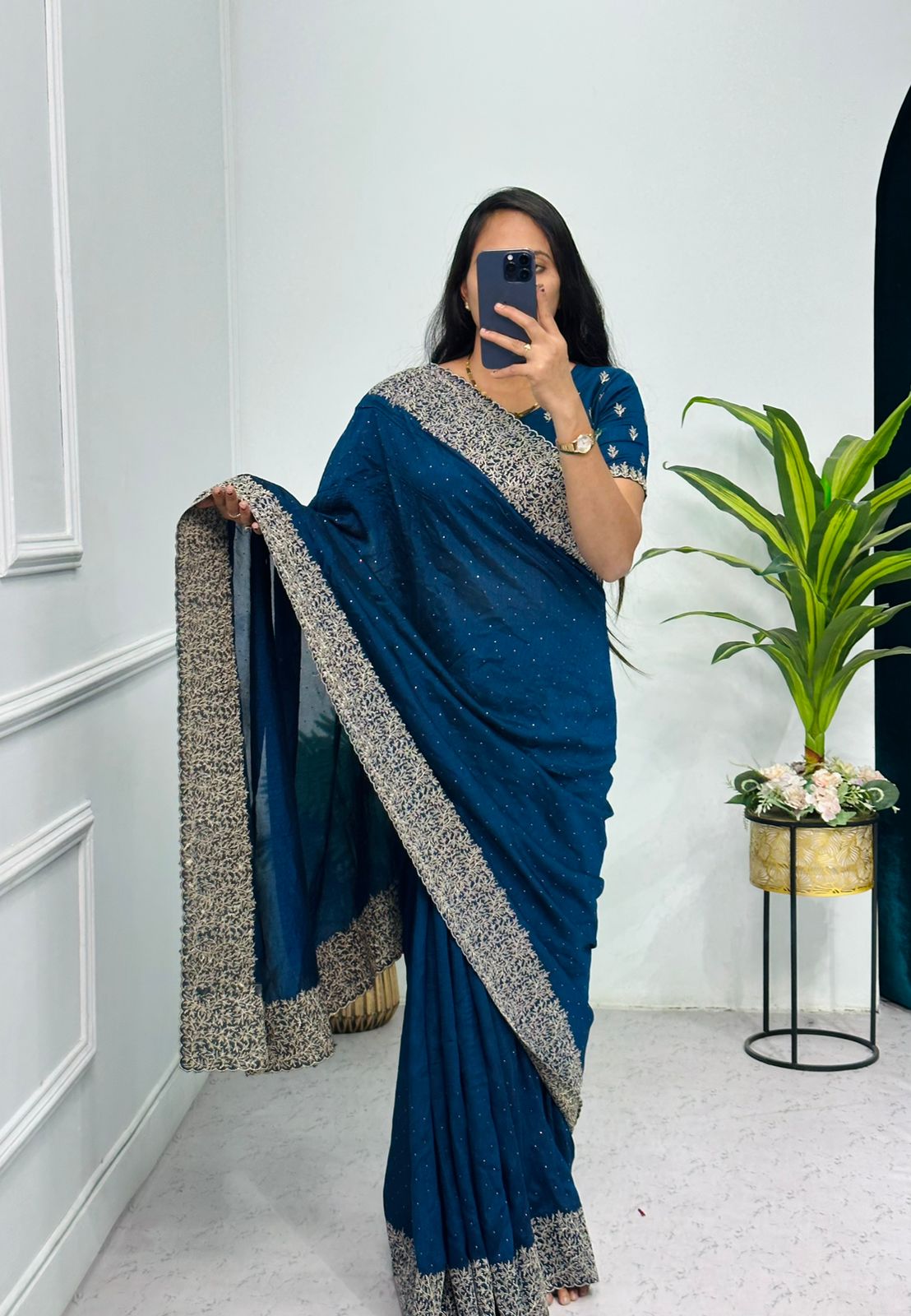 Tanmira Latest Heavy Blooming Vichitra Silk With Embroidery Saree  HM Morkanti Blue