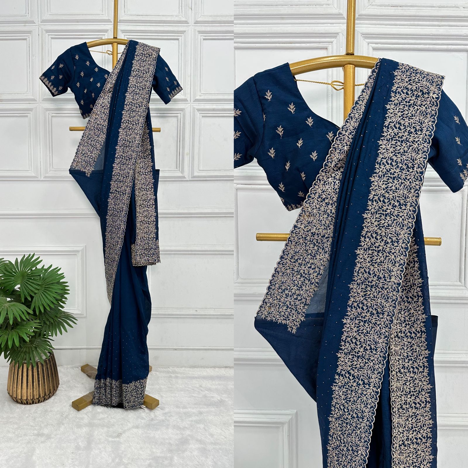 Tanmira Latest Heavy Blooming Vichitra Silk With Embroidery Saree  HM Morkanti Blue