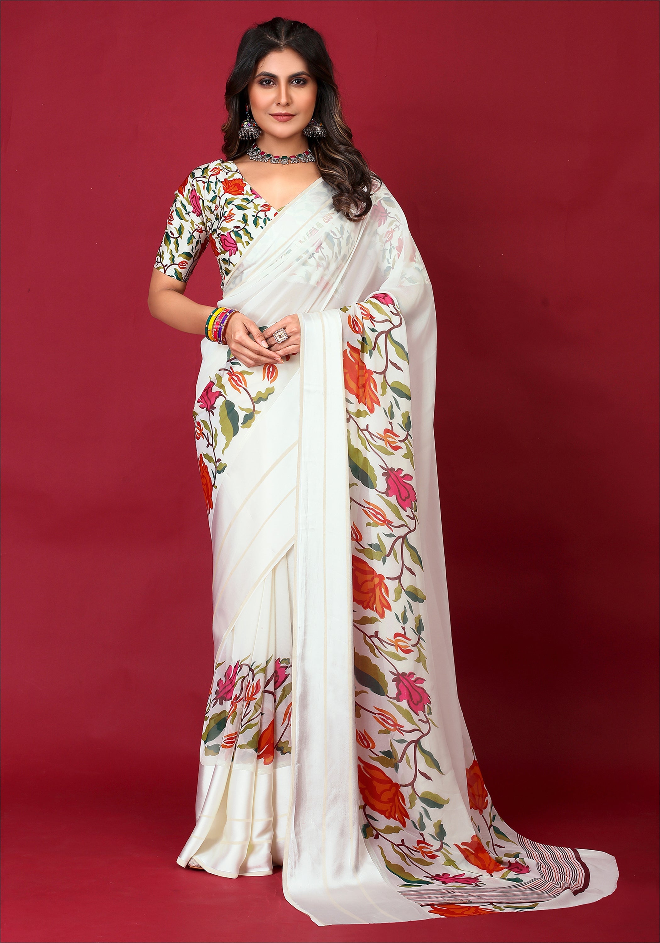 Tanmira Pure chiffon Satin Patta floral print designer aree With Blouse STR